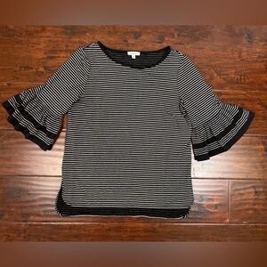 Max Studio Ruffle Sleeve Top, Small, Black and White Striped Crewneck Blouse